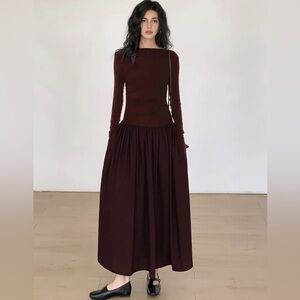 Commense Pleated Patchwork Knit Long Sleeve Midi Dress